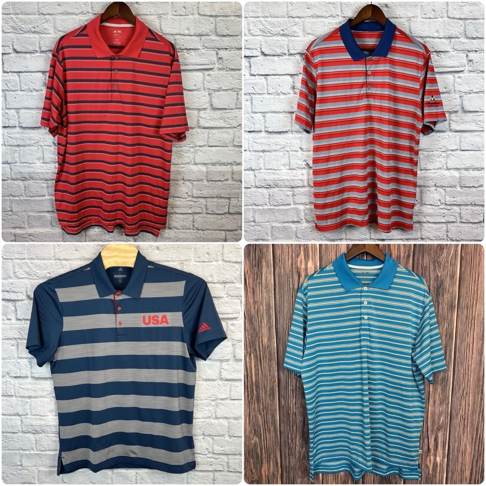 Lot Of 4 Adidas Men USA Athletic Short Sleeve Striped Golf Polo Shirt Sz‎ Large